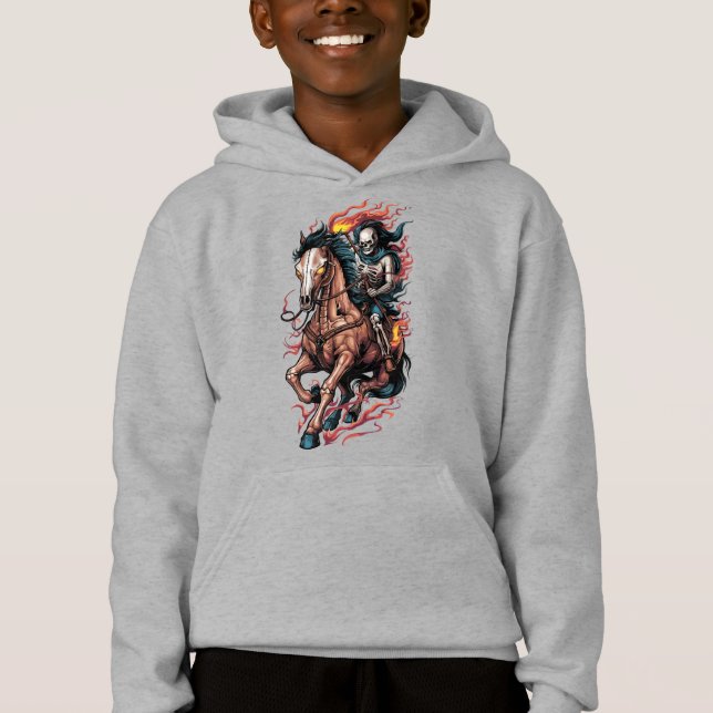 Fiery Skeleton Rider on a Galloping Horse Hoodie (Front)