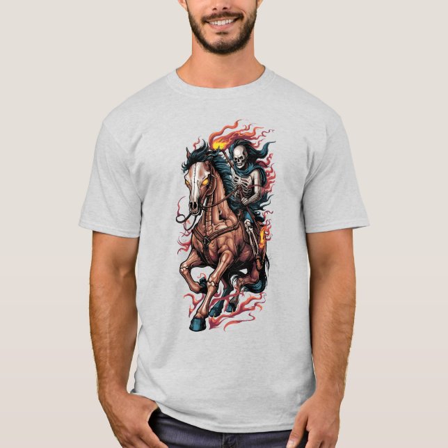 Fiery Skeleton Rider on a Galloping Horse T-Shirt (Front)