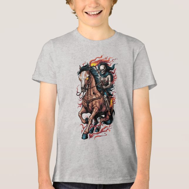 Fiery Skeleton Rider on a Galloping Horse Tri-Blend Shirt (Front)