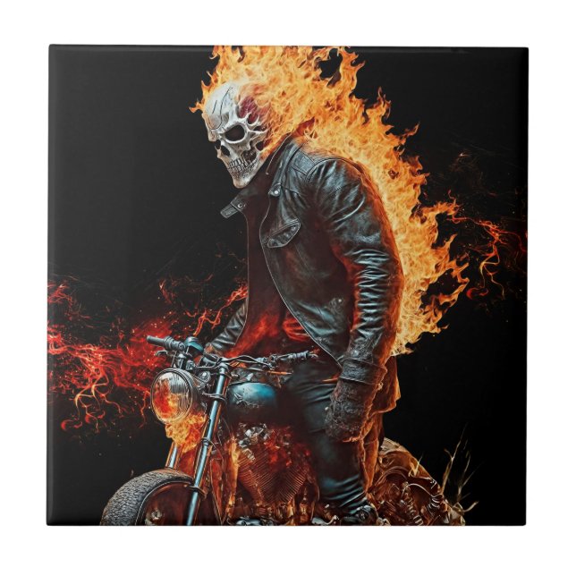 Fiery Skull Biker Ceramic Tile Art (Front)
