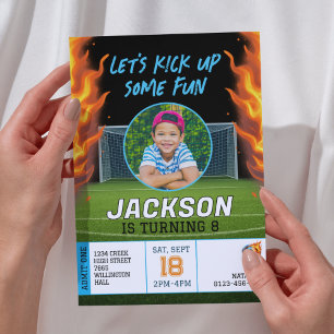 Fiery Soccer Theme Boys Photo Birthday  Invitation