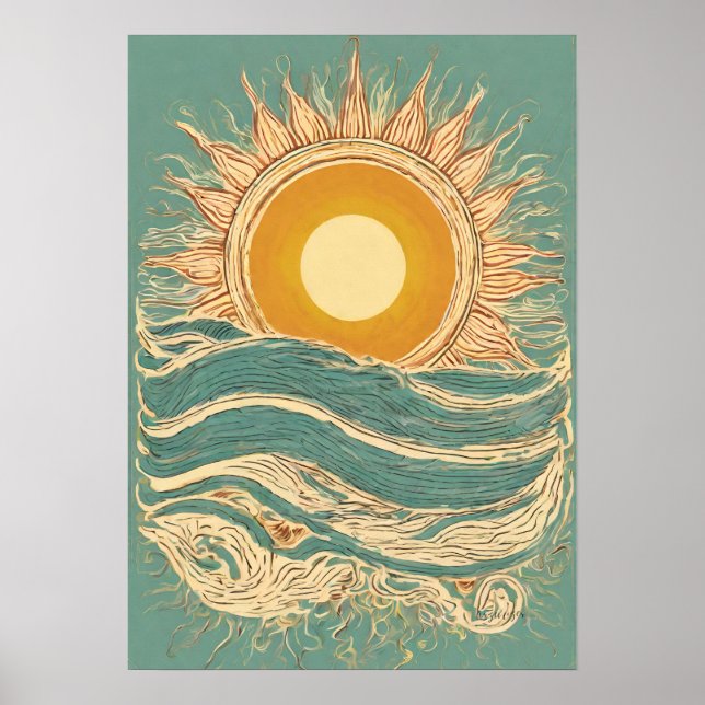 Fiery Sun On Green Sun Illustration Wall Art Print (Front)
