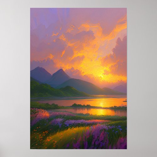 Fiery Sunset Beautiful Lake with Green Banks Poster