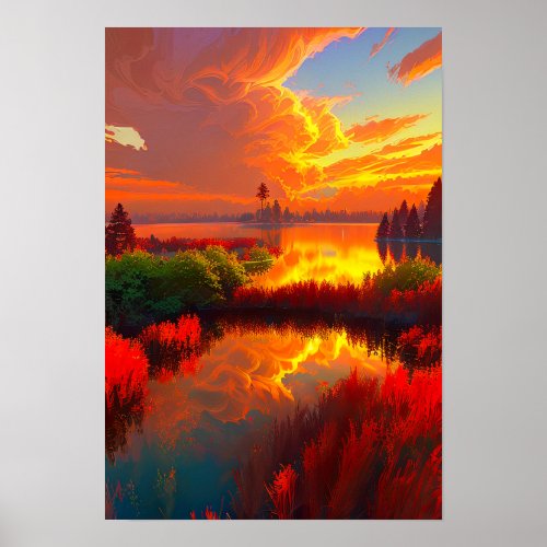 Fiery Sunset Reflection Lake Bathed in Crimson Poster