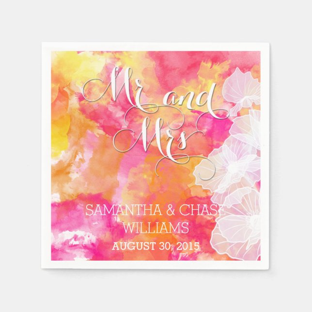 FIERY SUNSET WATERCOLOR HOLLYHOCK WEDDING NAPKINS (Front)