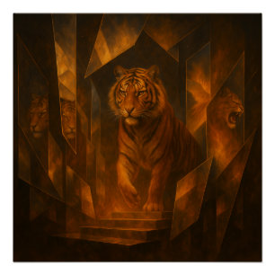 Fiery Tiger in a Shattered Mirror Maze – GeoWild A Poster