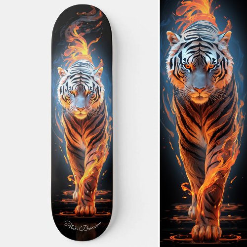 Fiery Tiger White  Blue Glowing Cool Style Skateboard