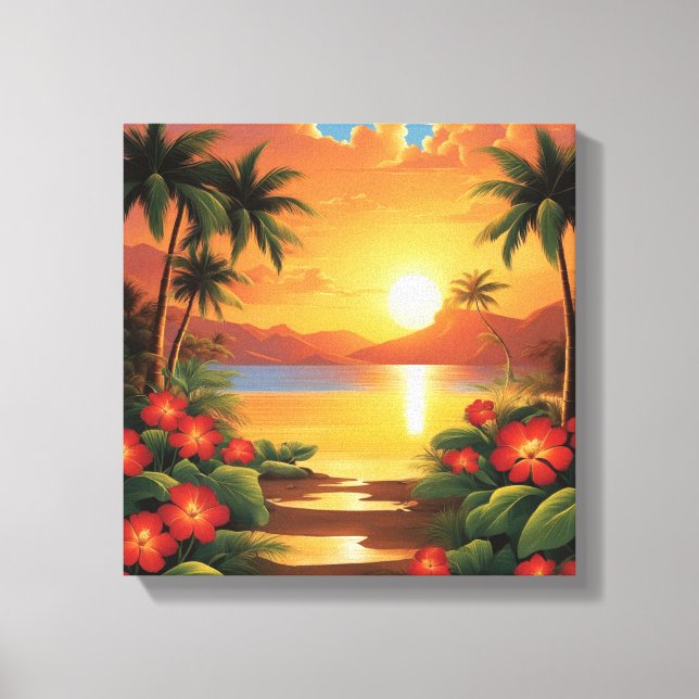 Fiery Tropical Sunset with Palm Trees Canvas Print (Front)