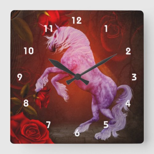 Fiery Unicorn Horse Red Roses Fantasy Square Wall Clock