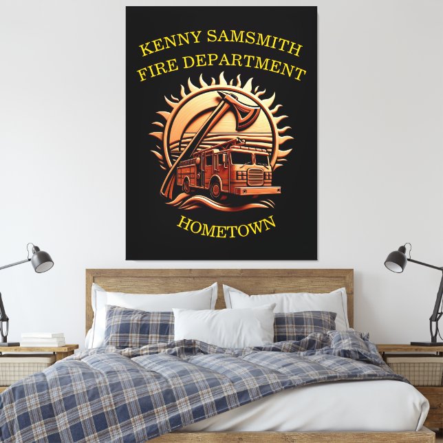 Fiery Valor Intricate Heroic Design Of Fire Truck  Canvas Print (Insitu(Bedroom))