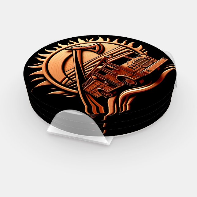 Fiery Valor Intricate Heroic Design Of Fire Truck  Coaster Set (Set)