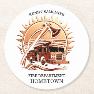 Fiery Valor Intricate Heroic Design Of Fire Truck  Round Paper Coaster