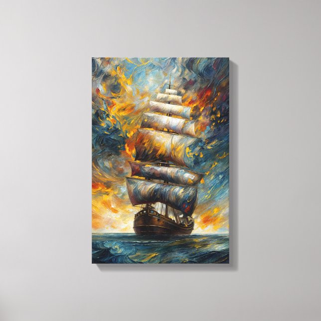 Fiery Voyage – Dramatic Sailing Ship at Sunset Art Canvas Print (Front)