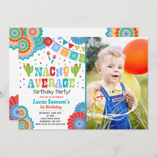 Fiesta 1st Birthday Invitation Nacho Average Party (Front/Back)