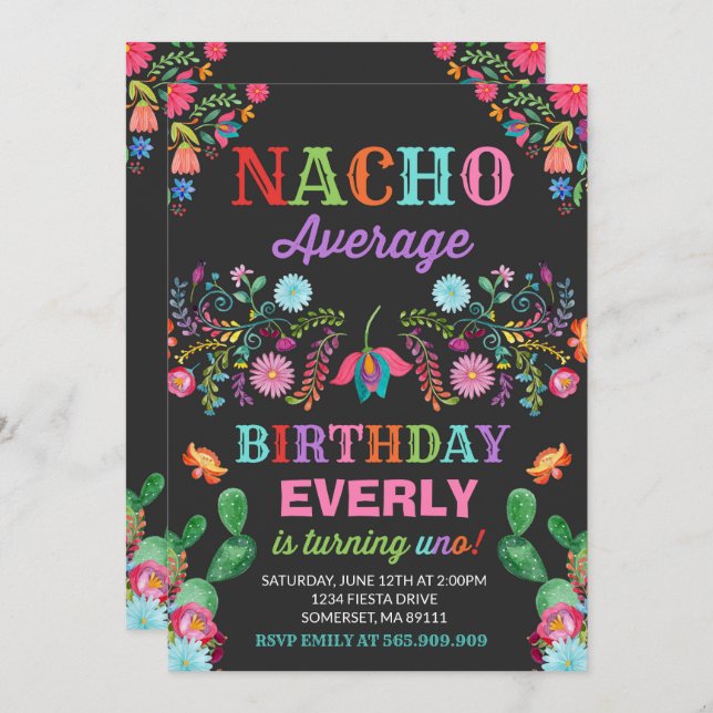 Fiesta 1st Birthday Invitation Nacho Average Party (Front/Back)