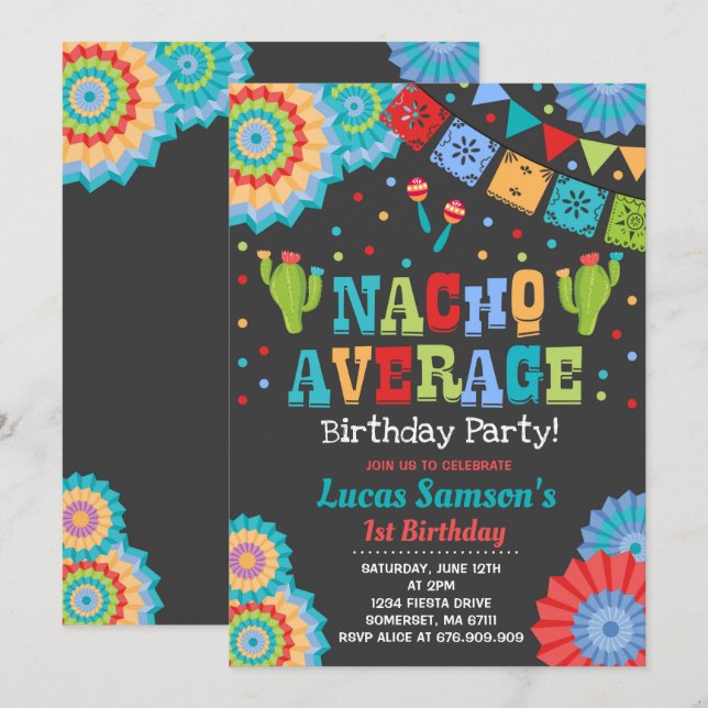 Fiesta 1st Birthday Invitation Nacho Average Party (Front/Back)
