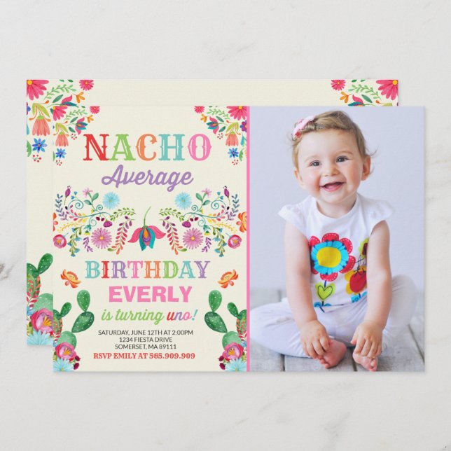 Fiesta 1st Birthday Invitation Nacho Average Party (Front/Back)