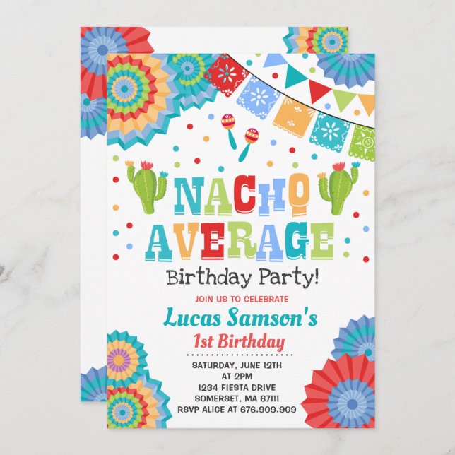 Fiesta 1st Birthday Invitation Nacho Average Party (Front/Back)