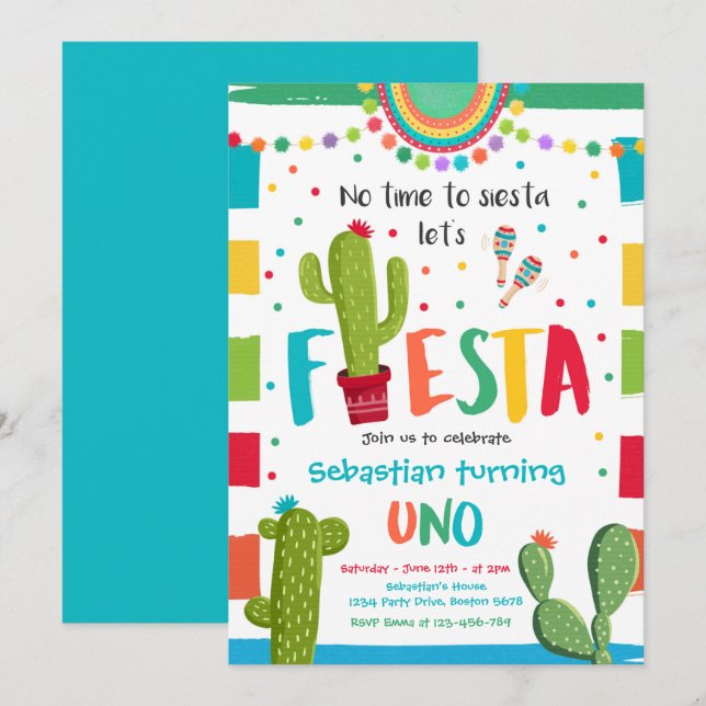 Fiesta 1st Birthday Party Mexican Cactus Party Invitation (Front/Back)