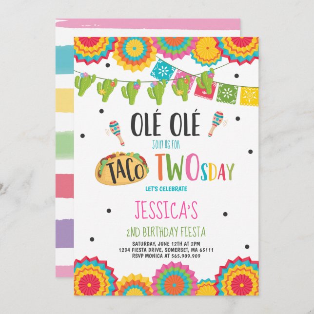 Fiesta 2nd Birthday Invitation Taco Twosday Party (Front/Back)