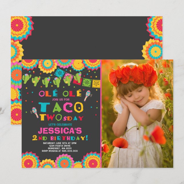 Fiesta 2nd Birthday Invitation Taco Twosday Party (Front/Back)