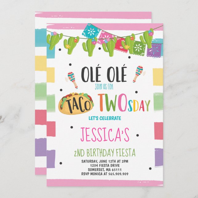 Fiesta 2nd Birthday Invitation Taco Twosday Party (Front/Back)