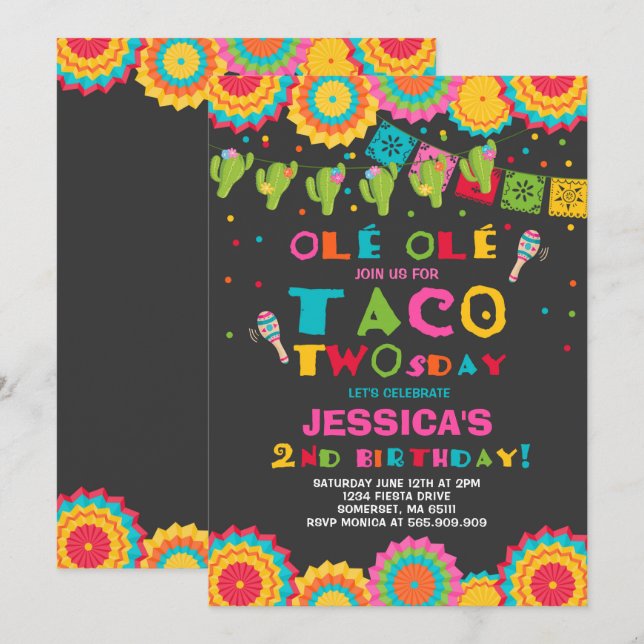 Fiesta 2nd Birthday Invitation Taco Twosday Party (Front/Back)