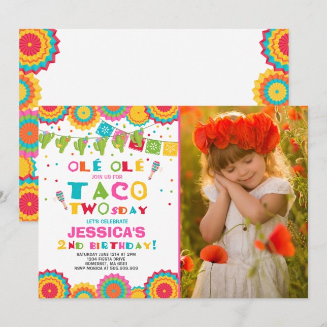 Fiesta 2nd Birthday Invitation Taco Twosday Party (Front/Back)