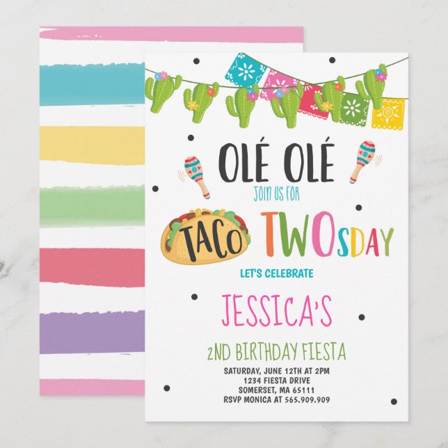 Fiesta 2nd Birthday Invitation Taco Twosday Party (Front/Back)