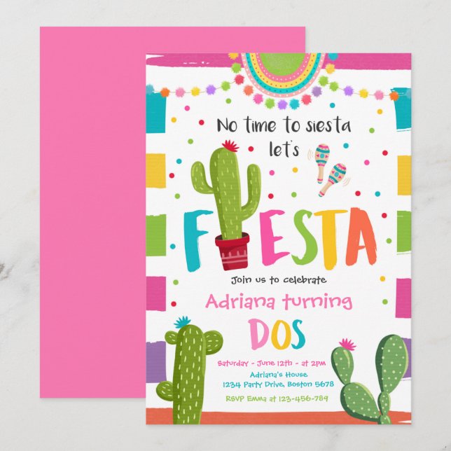 Fiesta 2nd Birthday Party Mexican Cactus Party Invitation (Front/Back)