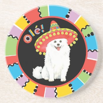 Fiesta American Eskimo Dog Sandstone Coaster by DogsInk at Zazzle