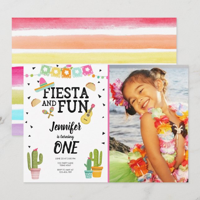Fiesta and Fun Cactus Mexican Girl First Birthday Invitation (Front/Back)