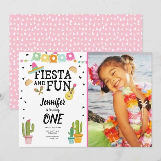 Fiesta and Fun Cactus Mexican Girl First Birthday Invitation (Front/Back)