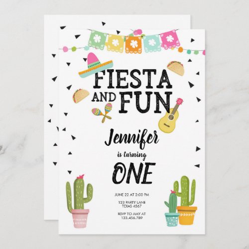 Fiesta and Fun Cactus Mexican Girl First Birthday Invitation