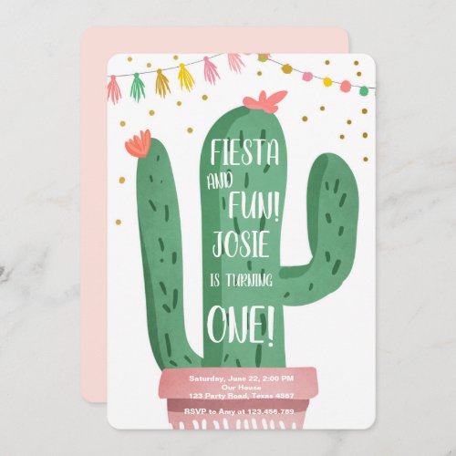 Fiesta and Fun Girl Pink Cactus 1st Birthday Invitation