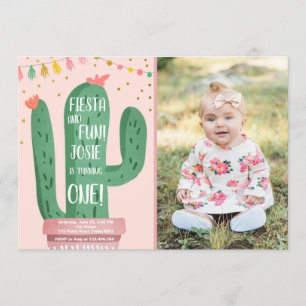 Fiesta and Fun Girl Pink Cactus 1st Birthday Invitation