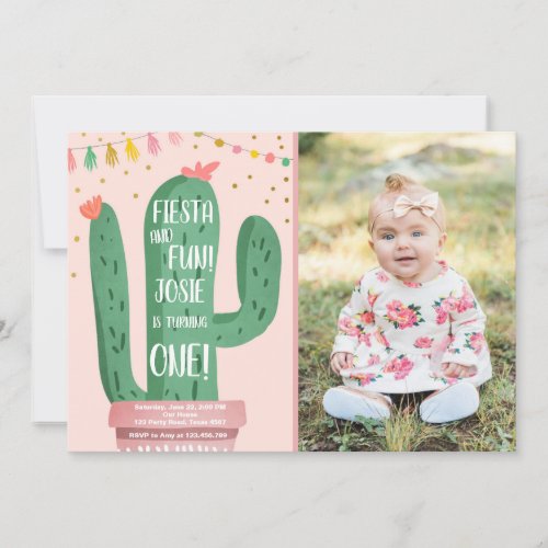 Fiesta and Fun Girl Pink Cactus 1st Birthday Invitation