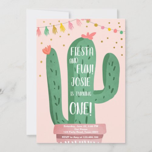 Fiesta and Fun Girl Pink Cactus 1st Birthday Invitation