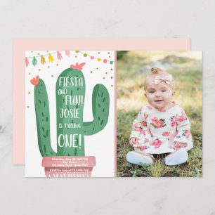 Fiesta and Fun Girl Pink Cactus 1st Birthday Invitation