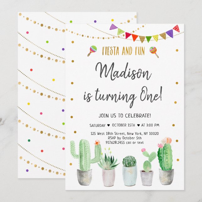 Fiesta and Fun Gold Fiesta First Birthday Invitation (Front/Back)