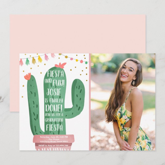 Fiesta and Fun Graduation Party Cactus Lets Fiesta Invitation (Front/Back)