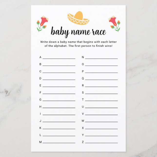 Fiesta Baby Name Race Game (Front)