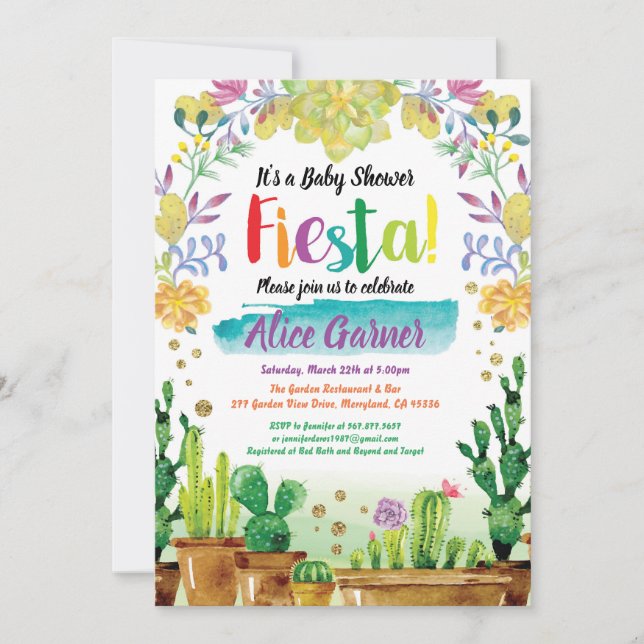 Fiesta baby shower invitation with cactus (Front)