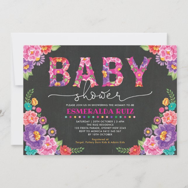 Fiesta Baby Shower | Mexican Floral Chalkboard Invitation (Front)