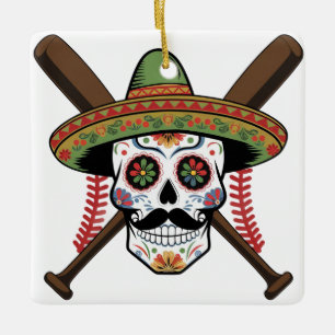 Fiesta Baseball Sugar Skull Design Ceramic Ornament