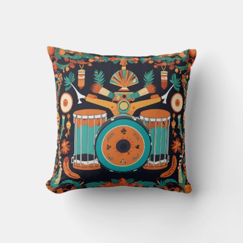 Fiesta Beats Drum Set with Mexican Ornaments Flye Throw Pillow