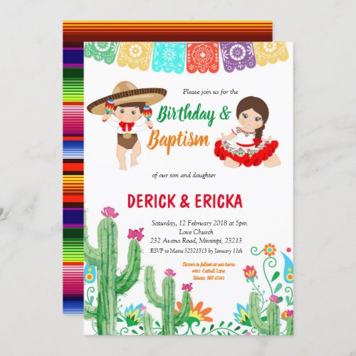 Fiesta Birthday and Baptism for twin boy and girl Invitation