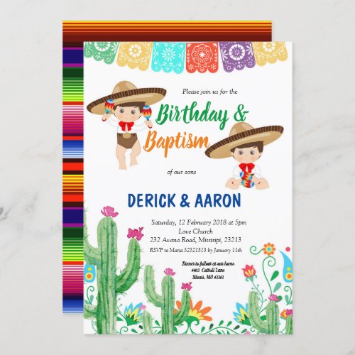 Fiesta Birthday and Baptism for twin boys Invitation