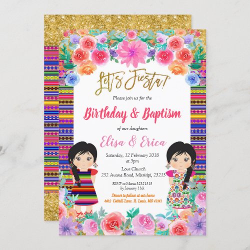 Fiesta Birthday and Baptism for twin girls Invitation