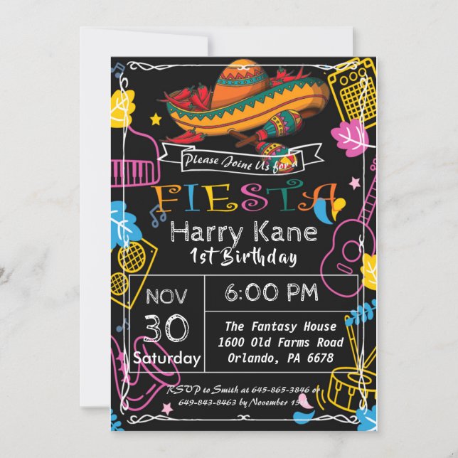 Fiesta Birthday Chalkboard Mexican Invitation (Front)